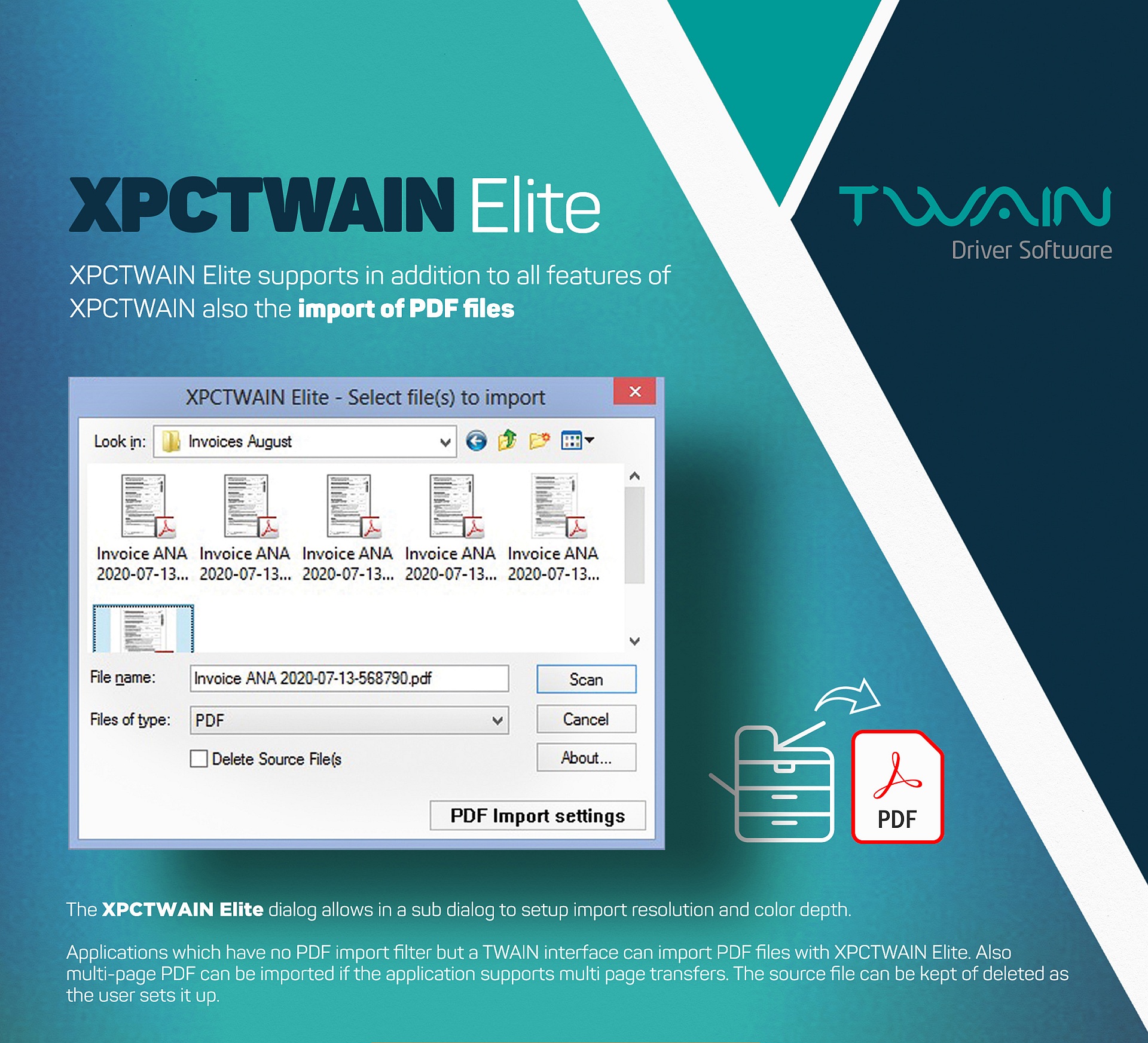 XPCTWAIN Elite is a virtual TWAIN driver which allows applications which have no PDF import filter to read PDF or multipage TIFF files as images via the TWAIN standard interface. XPCTWAIN Elite ist ein virtueller TWAIN-Treiber, der es Anwendungen, die keinen PDF-Importfilter haben, erm�glicht, PDF f�r mehrseitige TIFF-Dateien als Bilder �ber die TWAIN-Standardschnittstelle zu lesen.
XPCTWAIN Elite est un pilote TWAIN virtuel qui permet aux applications qui n'ont pas de filtre d'importation PDF de lire les fichiers TIFF multipages comme des images via l'interface standard TWAIN.
XPCTWAIN Elite es un controlador TWAIN virtual que permite a las aplicaciones que no tienen filtro de importaci�n de PDF leer archivos TIFF multip�gina como im�genes a trav�s de la interfaz est�ndar TWAIN.